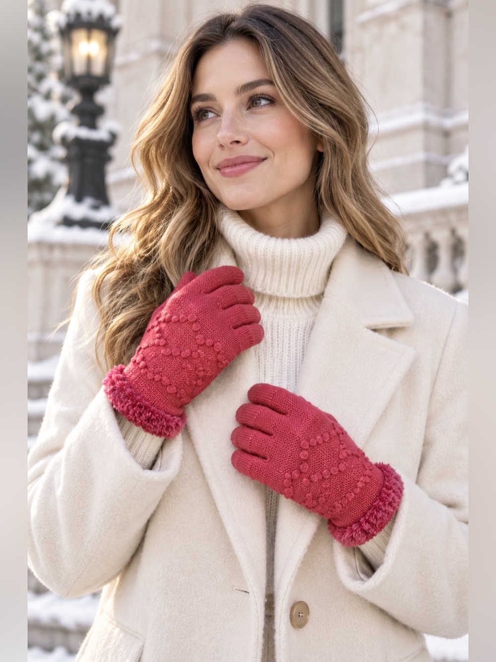 Jenni Pink Cable Knit Faux Fur Cuff Winter Gloves One Size NWT